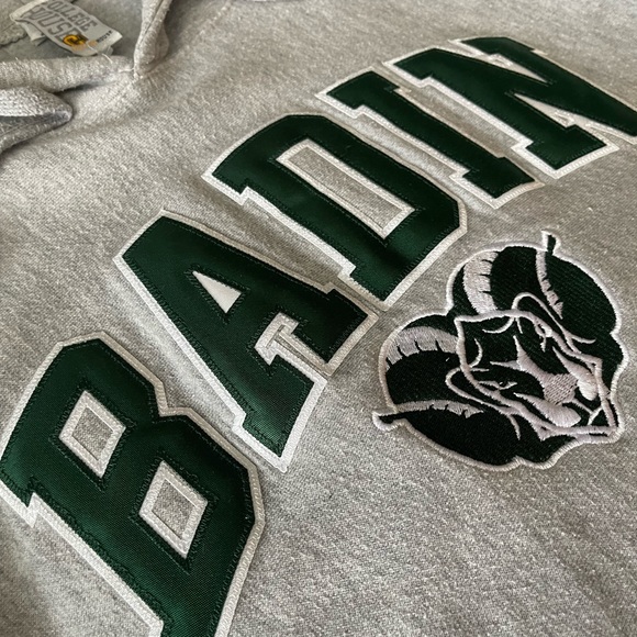 #292 BADIN RAMS HOODIE. Gray in color with awesome patch embroidered logo. - Picture 4 of 14